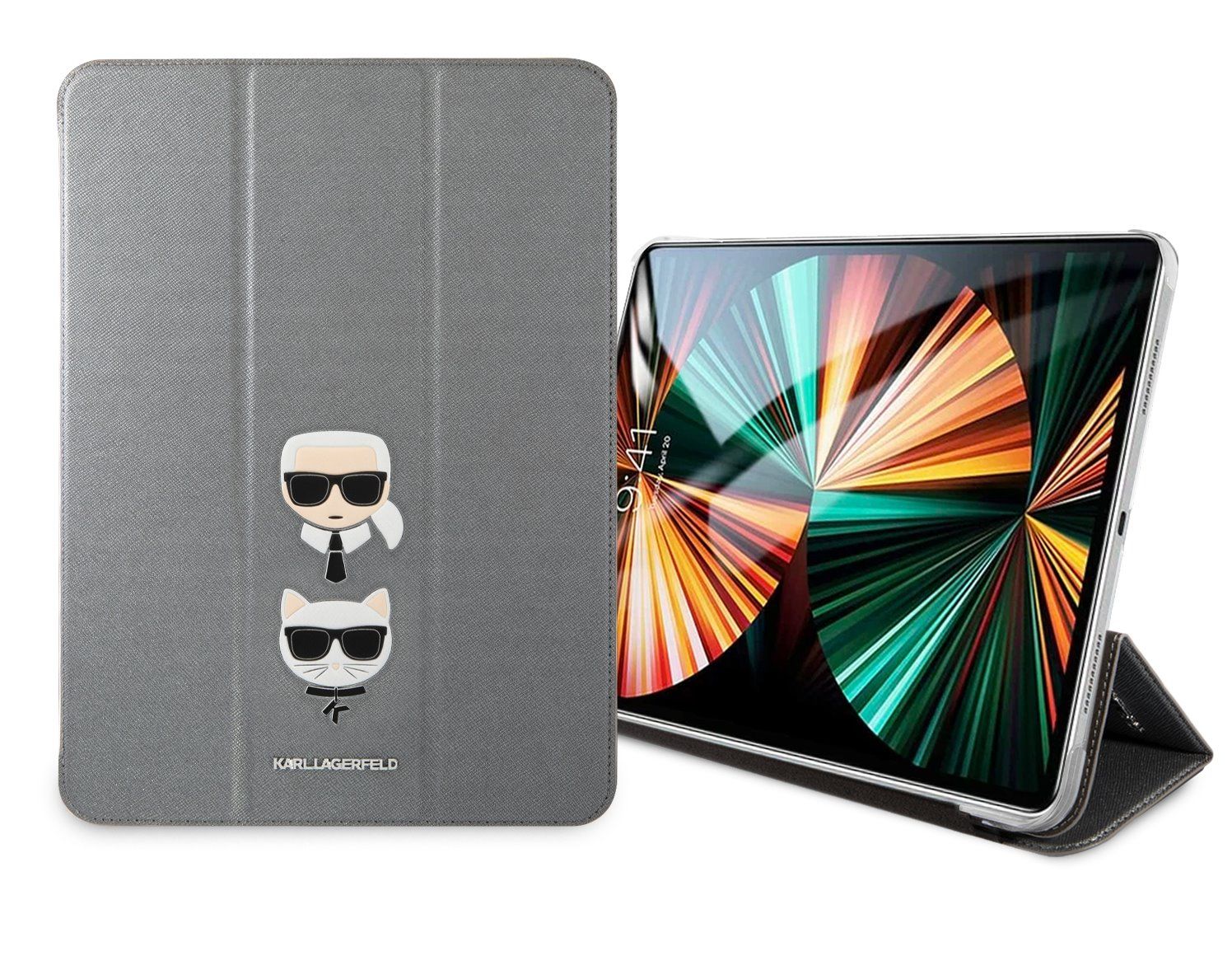 KLFC12OKCG Karl Lagerfeld and Choupette Head Saffiano Pouzdro pro iPad Pro 12.9 Silver