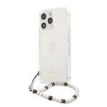 GUHCP13LKPSWH Guess PC Script and White Pearls Zadní Kryt pro iPhone 13 Pro Transparent
