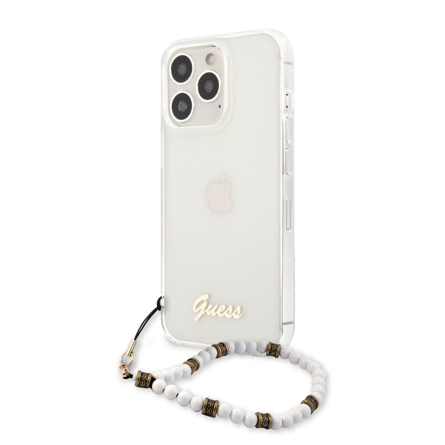 GUHCP13LKPSWH Guess PC Script and White Pearls Zadní Kryt pro iPhone 13 Pro Transparent