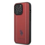 U.S. Polo PU Leather Stitched Lines Zadní Kryt pro iPhone 14 Pro Red