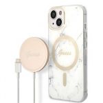 Guess Marble MagSafe Kompatibilní Zadní Kryt + Bezdrátová Nabíječka pro iPhone 14 White