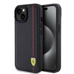 Ferrari PU Leather Carbon Vertical Red Line Zadní Kryt pro iPhone 15 Black